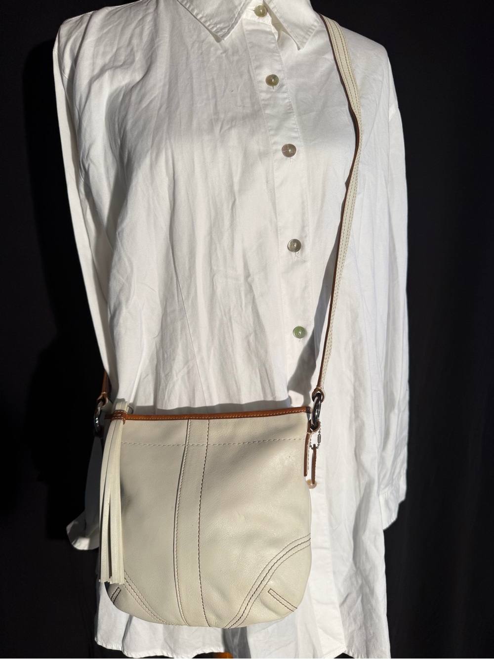Coach Cream Leather Crossbody Bag with Tassel